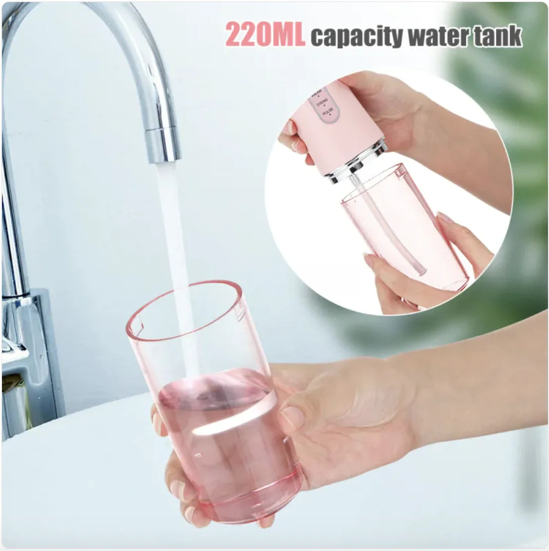 Pink water bottle being filled with water from a faucet, with a close-up of the bottle's capacity label.