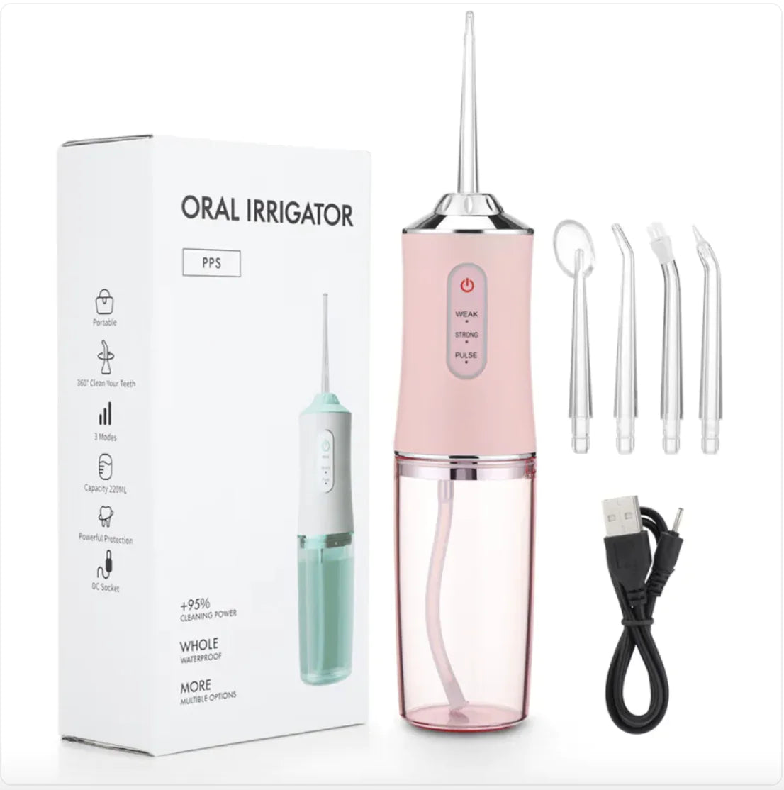 Pink oral irrigator with packaging, cleaning brushes, and USB cable on a white background