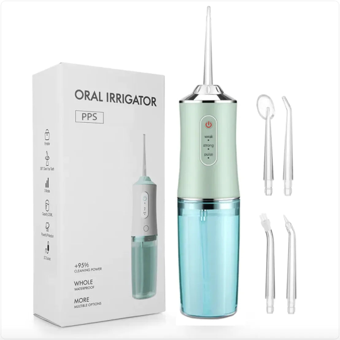 Oral irrigator with packaging and accessories on a white background