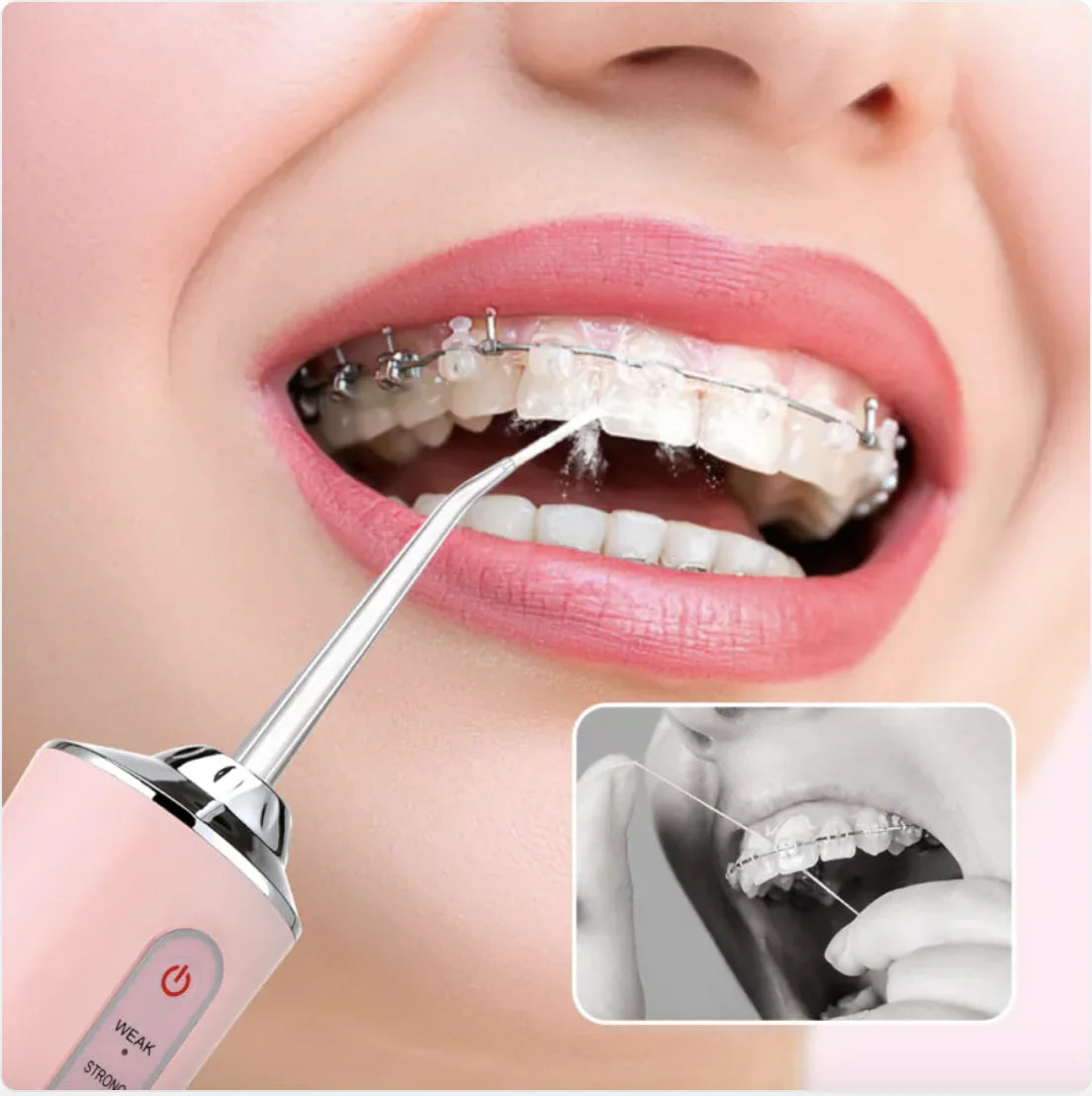 Person with braces using a dental flosser, with an inset showing a close-up of the dental floss.

