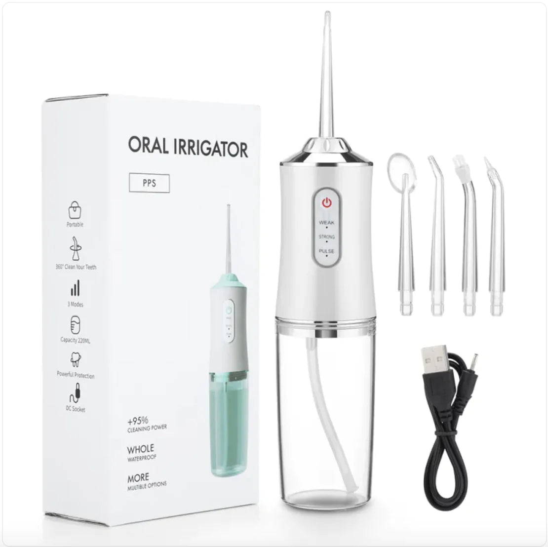 Oral irrigator with packaging, nozzles, and USB cable on a white background